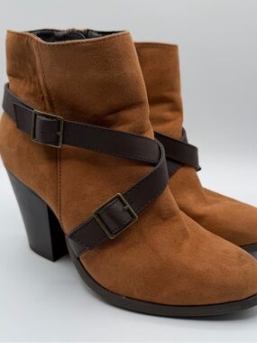 Charming Charlie Womens 7 Cognac Faux Suede Buckle Strap Block Heel Boots